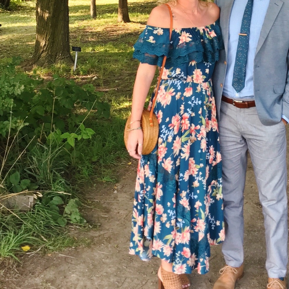 Jaase Positano Strapless Blue Floral Ruffle Maxi Dress